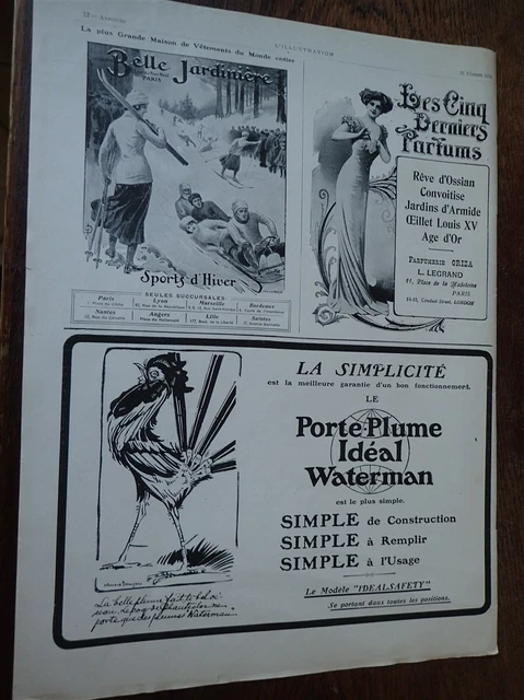 WATERMAN + BELLE JARDINIERE + parfum ORIZA publicité papier ILLUSTRATION 1910