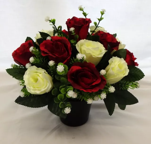 Artificial Silk Flowers Grave/Crem Pot Red Rose Memorial Flower Arrangement