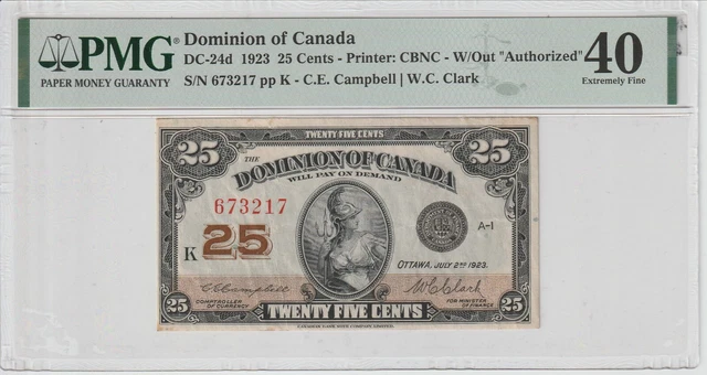 Canada  Dominion 25 Cents Banknote 1923 Nice Extra Fine-40 Grade-PMG DC-25-D
