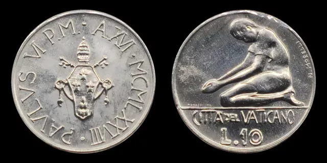 1978 Vatican City 10 Lire Coin, Emblem, Person kneeling
