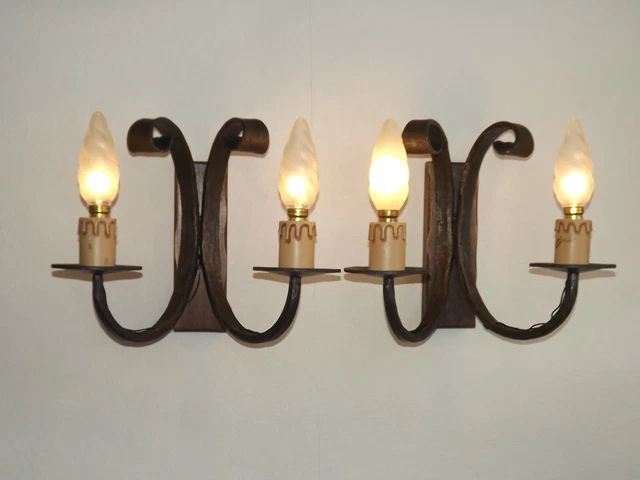 French Vintage Hand Forged Wrought Iron And Hardwood Double Wall Lights 4403