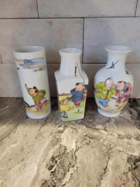 Set Of 3 Beautiful Chinese Oriental 6" Porcelain Vases Various  Scene Signed