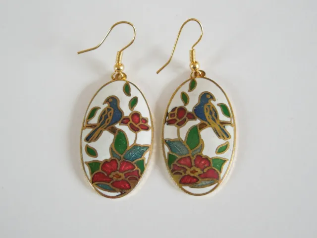 Cloisonne Ohrringe Email Motiv Vogel Blumen 11,1 g/5,3 x 2,1 cm 2