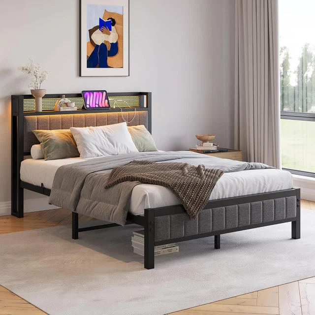 SINGLE DOUBLE UPHOLSTERED Bed Frame RGB LED Headboard Storage No Box ...