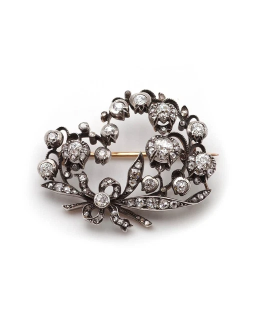 Broche Ancienne En Or Jaune 18k Art Nouveau - Printemps Avec éclats De Diamants, Occasion