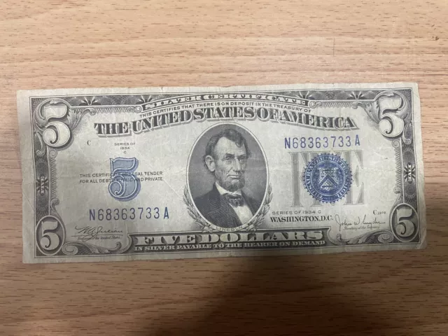 1934C $5 (Five Dollar) Bill silver Certificate Blue Seal Note U.S Currency