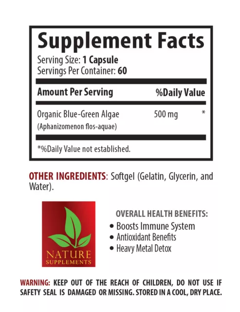 Organic BLUE GREEN ALGAE 500mg - Klamath Algae - Stem Cell - Anti Aging - 3 Bott 2