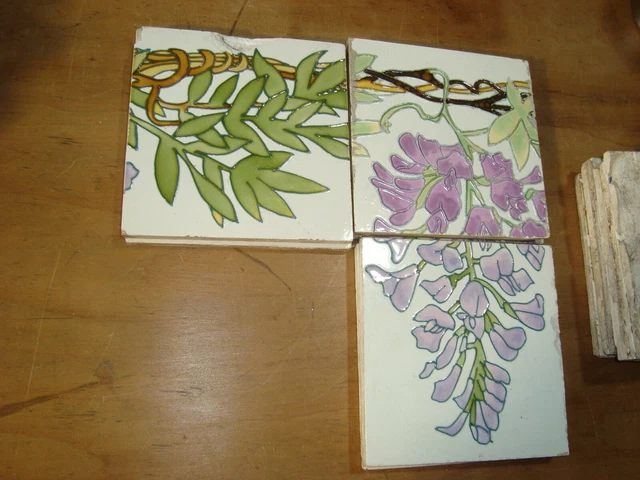 Purple wisteria flowers 36 France Sarreguemines Original antique reclaimed tiles 11
