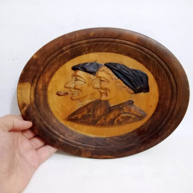 Vintage Wooden Plate Plaque Hand Carved Wall Hanging French Art Farmer & Wife 9"