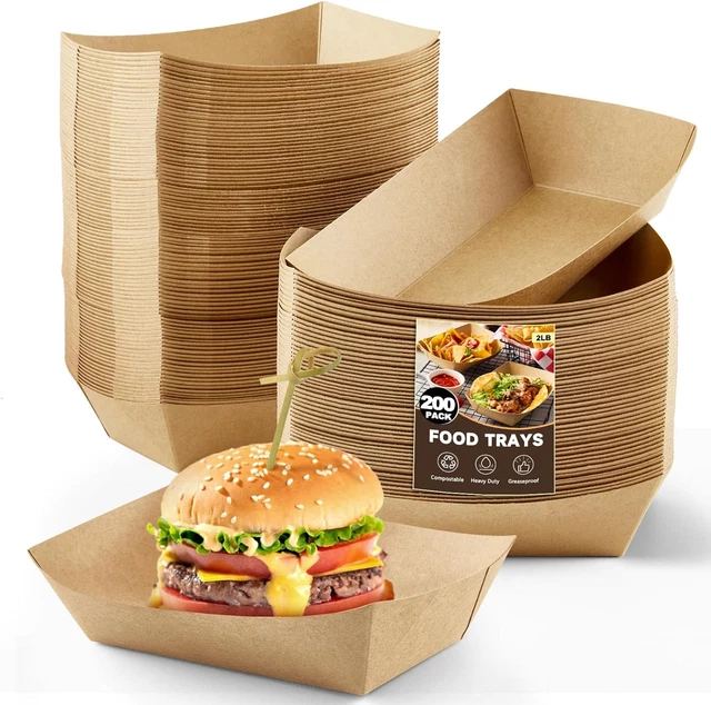 2 Lb Paper Food Trays - 200 Pack Disposable Food Boats, Kraft Food Holders Brown