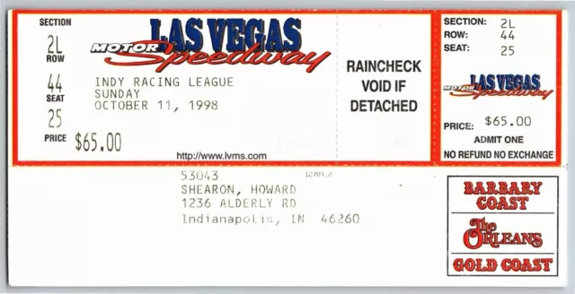 1998 Las Vegas Motor Speedway 500K IRL Indy Racing League Unused Ticket Seat 25