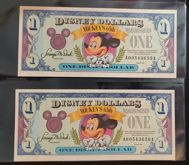 Lot of 2 - 1993 One ($1) Disney Dollar Mickey's 65th -Uncirculated with envelope