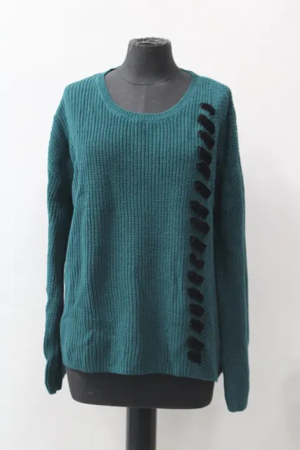 Style Co Wide Sleeve Velvet Laced Detail Pullover Sweateteal L - New Without Tag