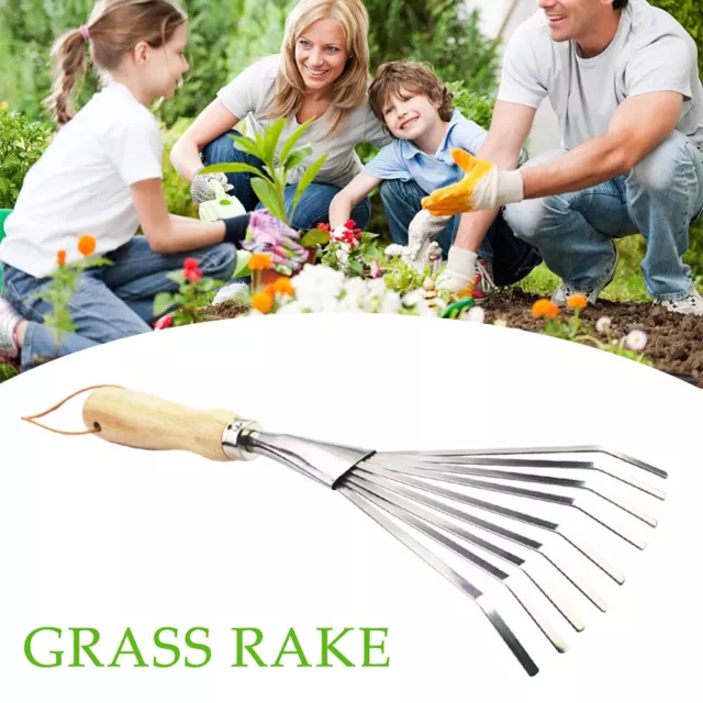 9 TEETH WITH Wooden Handle Grass Rake Patio For Lawn Outdoor Garden ...