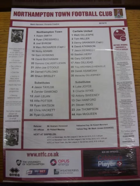 20/10/2015 Colour Teamsheet: Northampton Town v Carlisle United. Any faults with