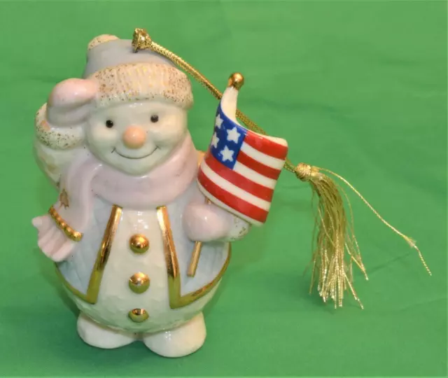 Lenox Porcelana Patriótico Saludo Snowman Con Eeuu Bandera 9.5cmh Navidad Adorno