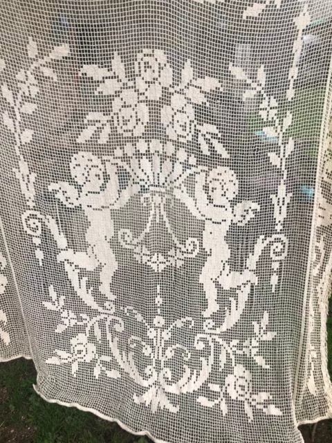 Stunning Vintage French Crochet Lace Bedspread Coverlet Panel Cherubs c1940s 2