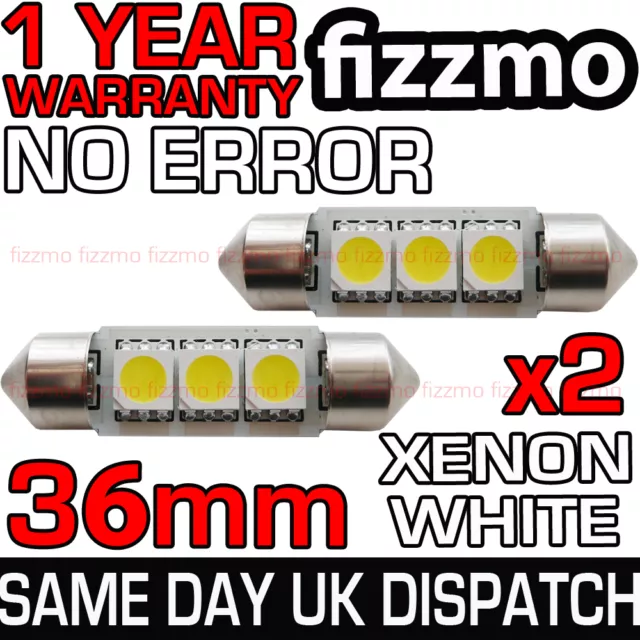 2x 36mm 239 272 Sv8.5 6000k Vif Blanc 3 SMD LED Festoon Ampoule Phare Exempte