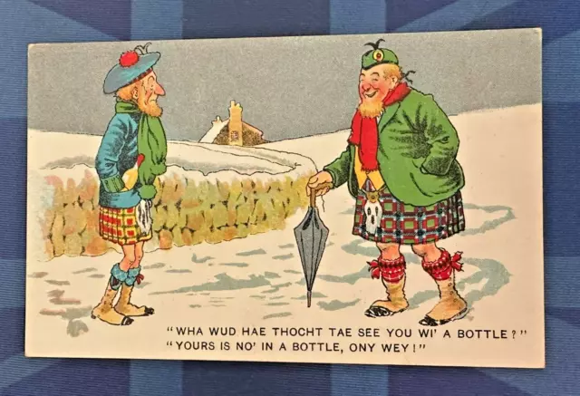 Vintage Reg Carter ? Comic Postcard 1910s Scotsman Kilt Whisky Bottle