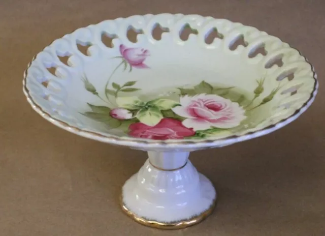 Vtg Lefton China Pedestal Bowl Compote Dish Hand Painted Roses Gold Trim Cut out