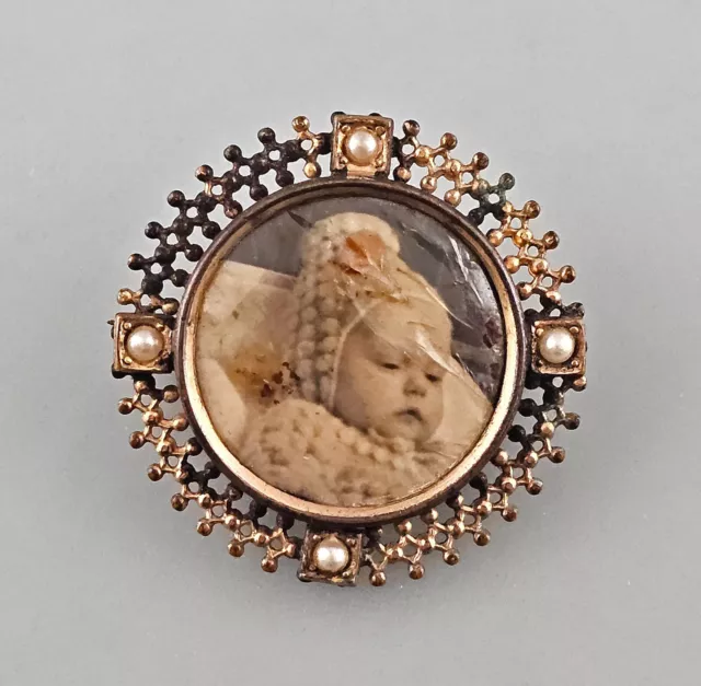 A-9325037 Antike-Foto-Brosche Durchbruchrahmen Perles D 3,2cm Vintage Um 1900