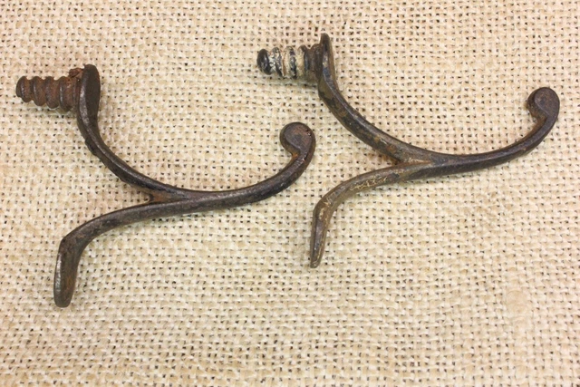2 Old Single Coat Hooks School Farmhouse Clean Cast Iron Vintage 1850’s Screw in 3