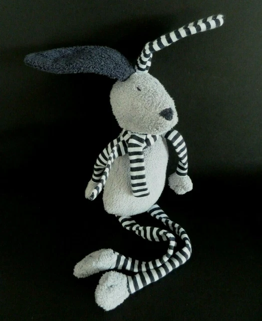*. DOUDOU PELUCHE BOUT'CHOU LAPIN BLEU GRIS ECHARPE RAYEE 30/39cm BILLES - TBE
