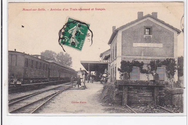 MONCEL SUR SEILLE: arrivals of a German and French train at the station - very
