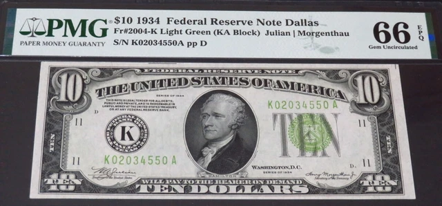DALLAS LGS. LIGHT GREEN SEAL. $10 1934 Dallas FRN. PMG 66 EPQ.  Quality Note