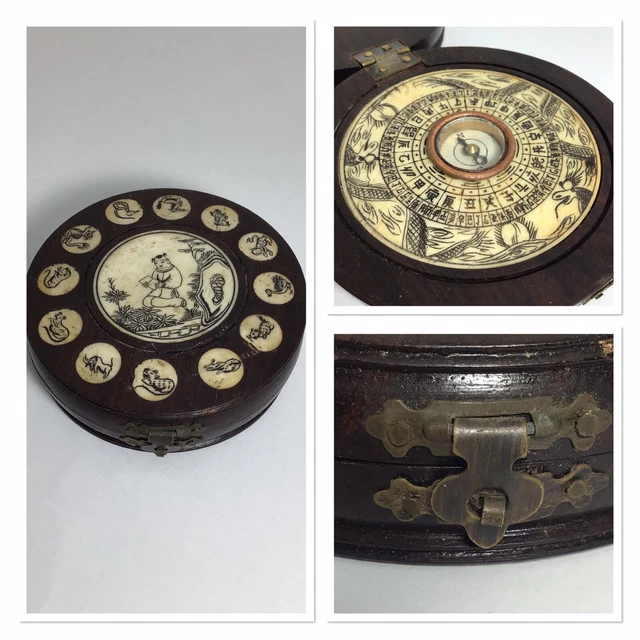 Chinese Zodiac Compass Antique Wood And Copper Hand Carved