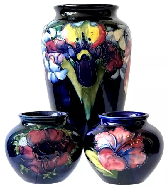 Moorcroft Art Pottery Group Of Three Marked Classical Vases. England.