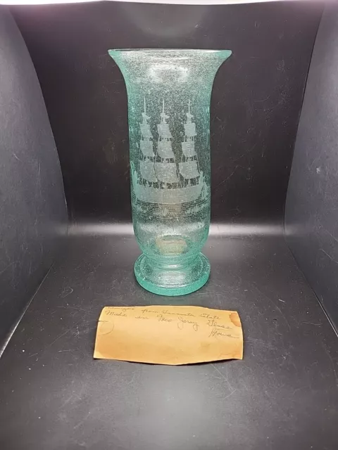 Teal Green Cylinder Glass Vase Etched Ship Random Bubble ~ 9" T