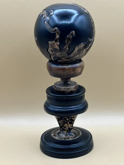 Vintage Hand Carved Wooden Spinning Globe On Pedastal Handmade Brown Tan Unique 2