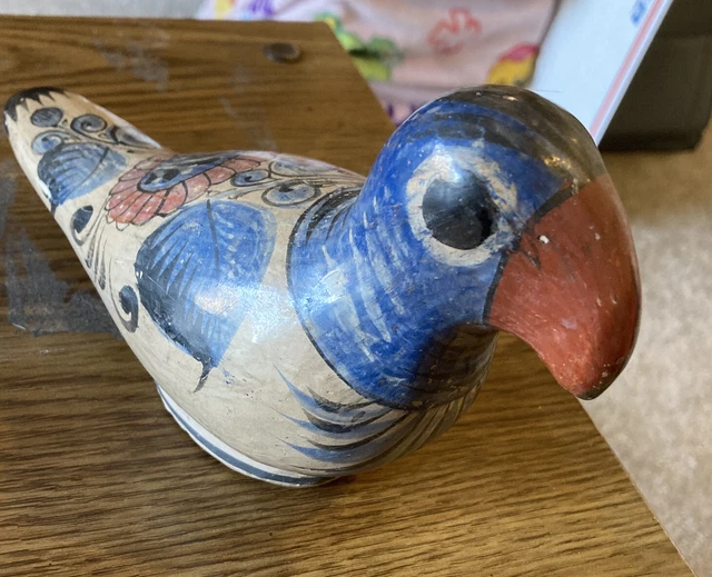 Vintage Tonala Pottery Folk Art Bird 4-3/4" T , 8" L Made in Mexico Hand Painted