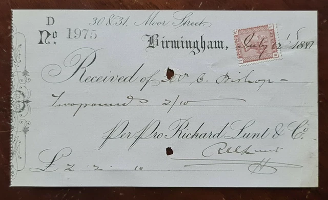 1881 Richard Lunt, Moor Street, Birmingham Receipt. QV Venetian Red Duty Stamp