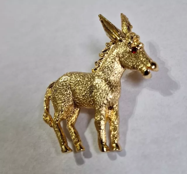 Vintage Donkey Burro Red Rhinestone Eye Brushed Gold Tone Democrat Pin Brooch