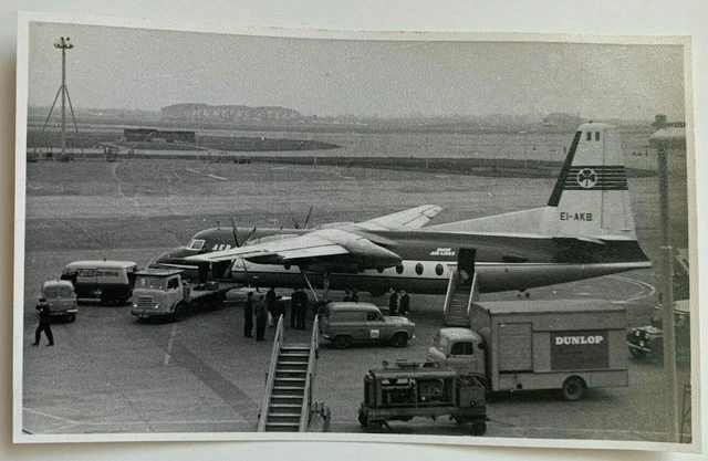 Vintage 1959 3x5 B&W Photo London Airport Aer Lingus Fokker airplane trucks
