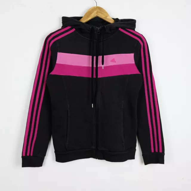 Felpa Adidas Taglia XS Donna Nera/Rosa Logo Casual Comoda Con Cappuccio Con Zip