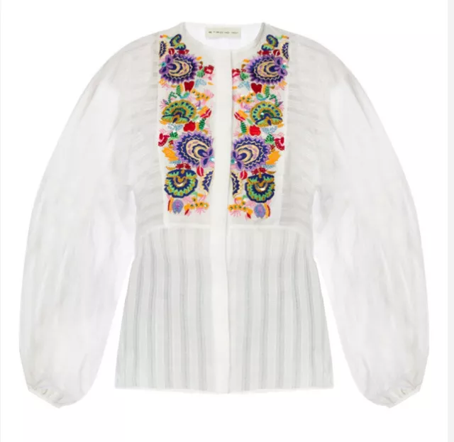 Etro Bohemian Floral Embroidered Embellished Cotton Blouse White Top Size 8
