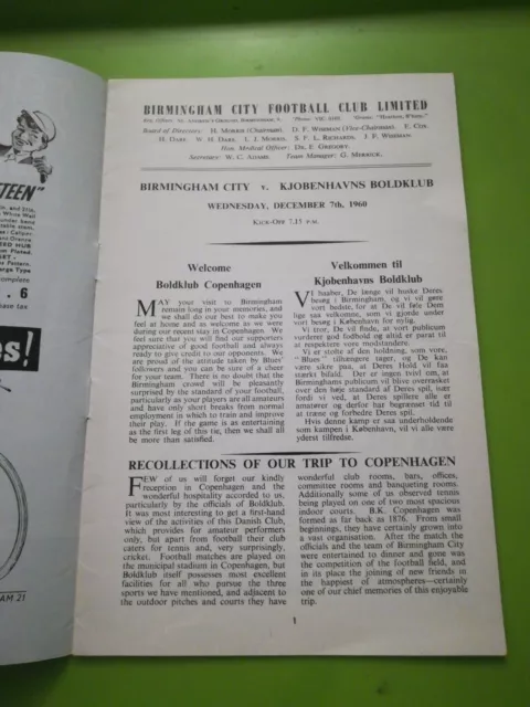 European fairs cup quarter final football prog Birmingham v Copenhagen. 12.1960
