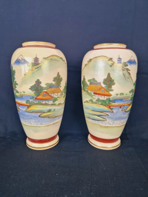 Paire De Vases Anciens Asiatiques Satsuma Japon Vintage Signés