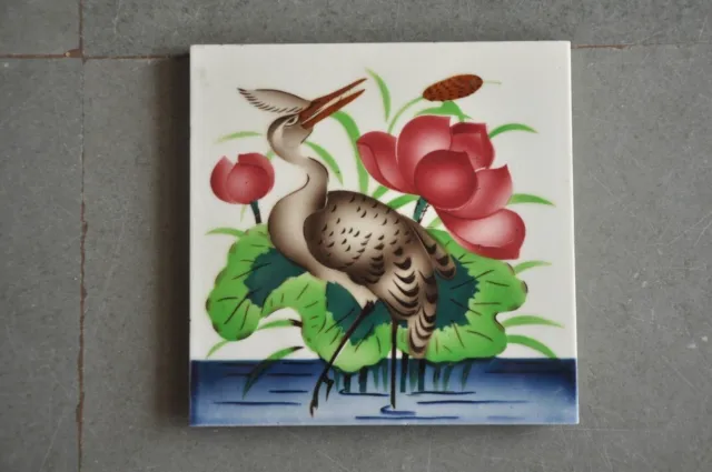 Vintage Fine TM Mark Heron/Crane Bird Picture Ceramic Tile,Japan