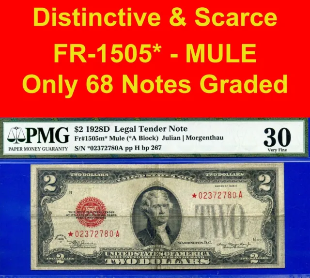 FR-1505m* ✅ 1928-D $2 US Note ➡️ Highly Wanted 🔴 Mule - STAR ⬅️ PMG 30  # 72780