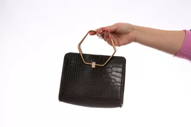 Schwarze Mock Croc Kunstleder Handtasche Schulter mit gold sechseckigen Griffen