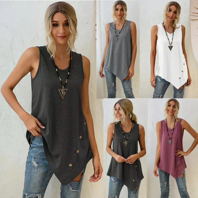 Women's Summer Solid Sleeveless Irregular Round Neck Top Loose Casual T-shirt