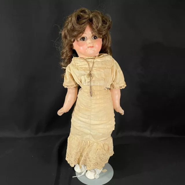 19th Century Antique Wax Over Paper Mache Head Doll 18" German Cloth Body