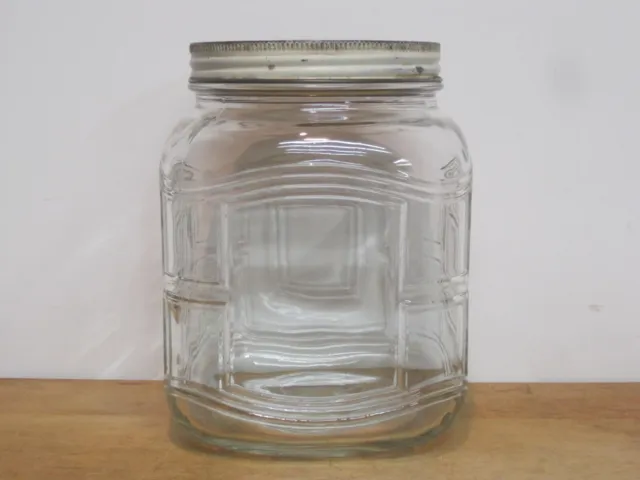 Vintage Kitchen Hoosier Cabinet Square Glass Gallon Sz Canister Jar w Metal Lid 2