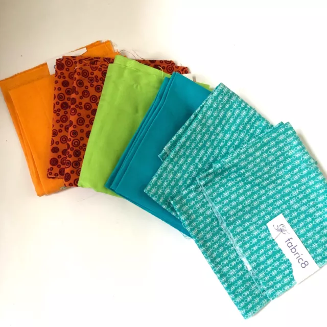 7 x Fat Squares Quilting Fabric Turquoise Orange Green Patterned Plain Cotton