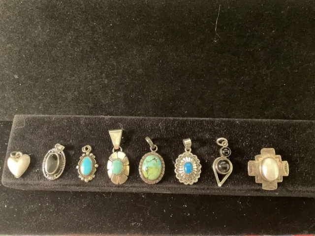 Lot of 8 .925 Sterling Silver Vintage Gemstone Pendants Pearl turquoise onyx Lot