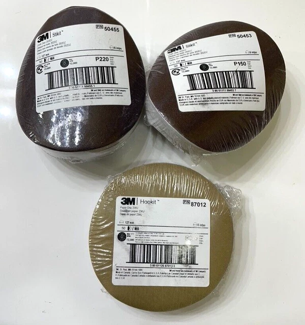 Disc Sandpaper lot P150, P220 & P320 grit 3M  50 sheets 127mm.  5 inch new